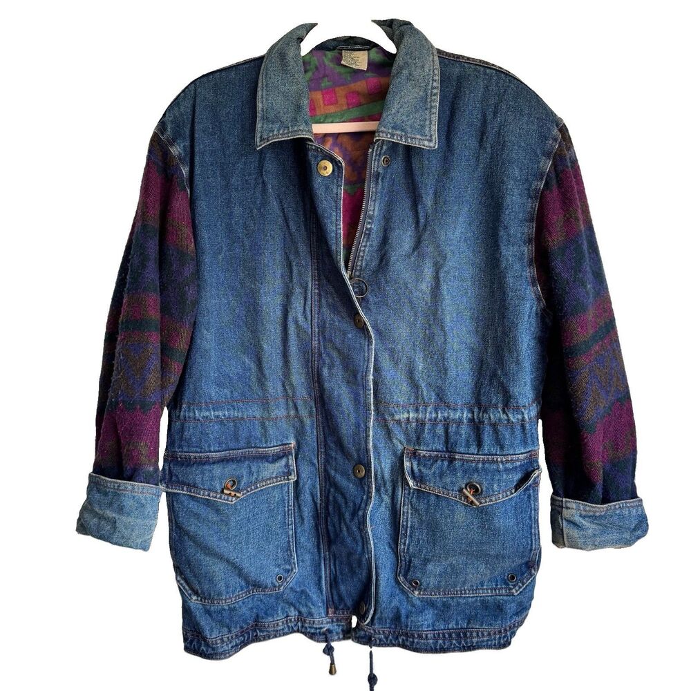 Out Brook Women's M Blue Zip Button Jacket Cotton Lined Mid-Length 90s VTG Y2K